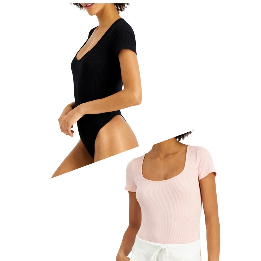 Jenni Square Neck Ribbed Bodysuit Bundle of 2 - Black - Pink - Size Medium